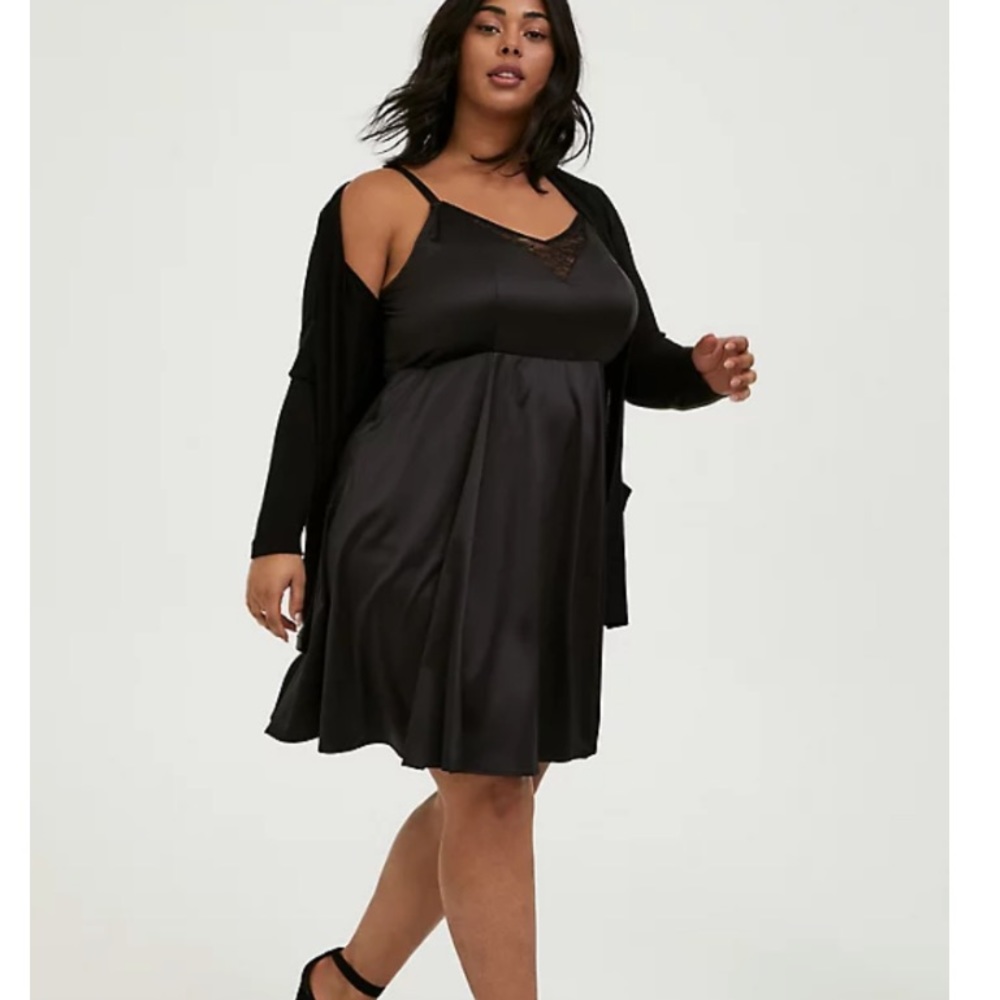 Torrid black satin and lace mini skater dress. Size 1. NWT.